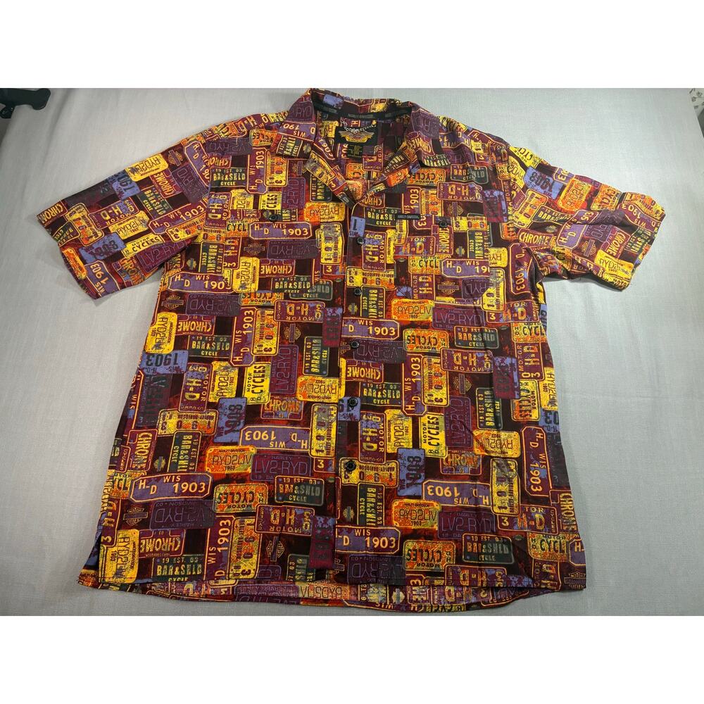 Harley Davidson Button Shirt Mens Large License Plate Rayon Camp Shirt